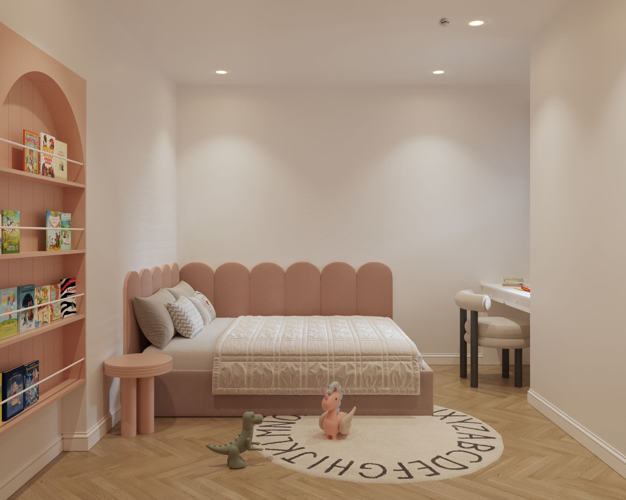 Cozy children's bedroom featuring a pink bed, playful decor, a bookshelf, and a soft area rug on wooden flooring.