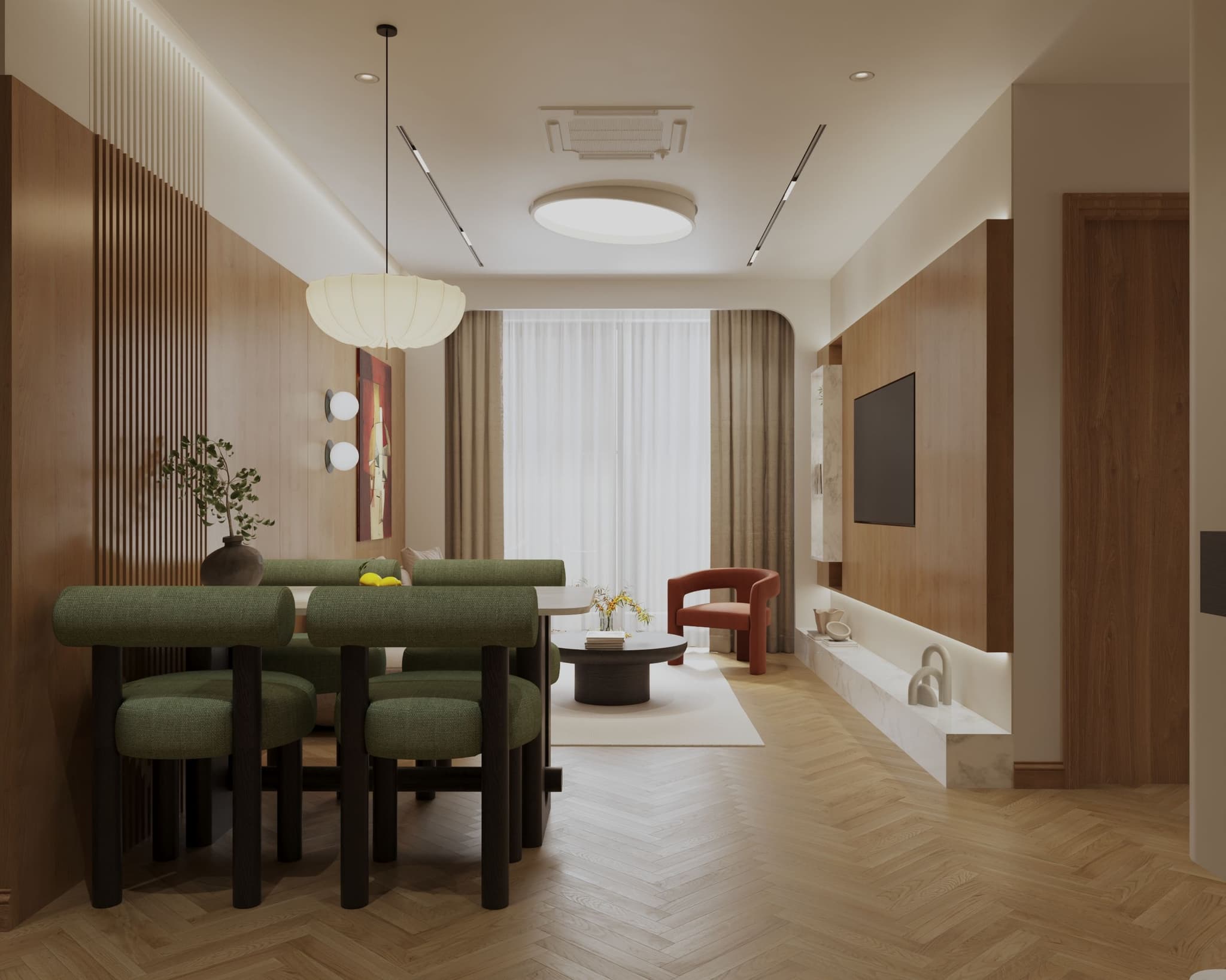 Modern living room featuring a dining area with green chairs, wooden accents, and elegant lighting in a cozy design.