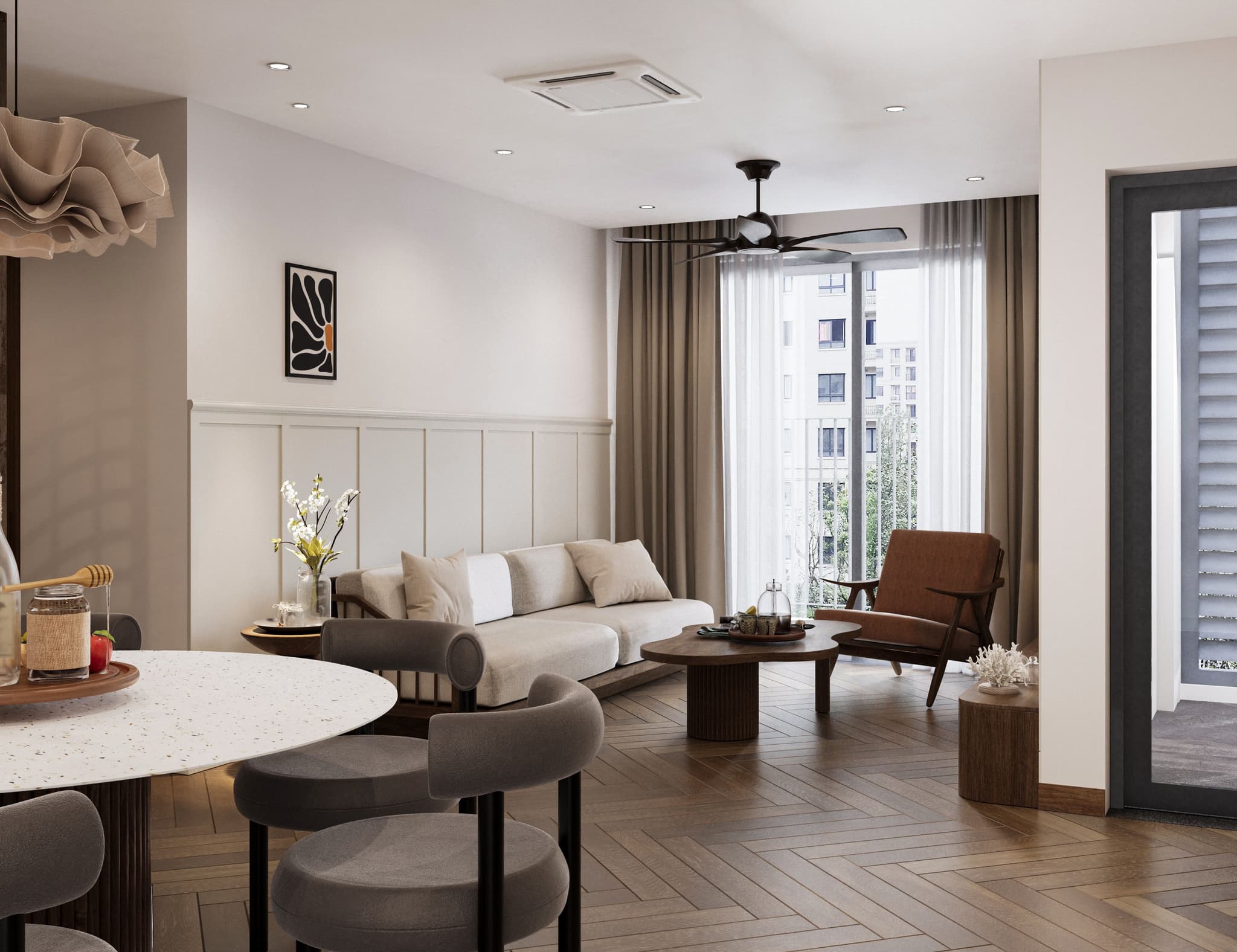 Modern living room interior featuring a comfortable sofa, stylish armchair, and elegant decor in neutral tones.