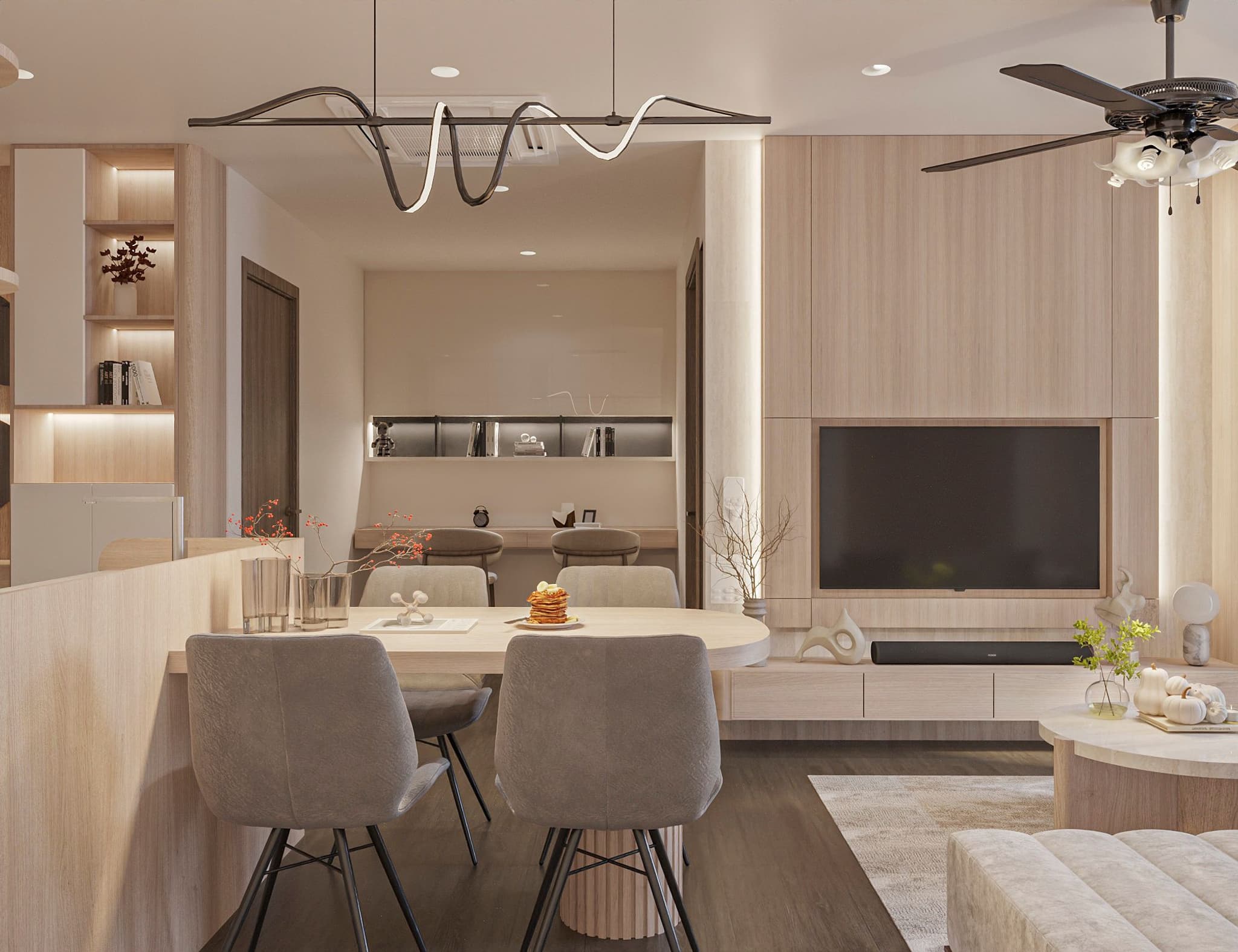 Modern living space featuring a cozy dining area with stylish chairs, a sleek TV unit, and warm wooden accents.