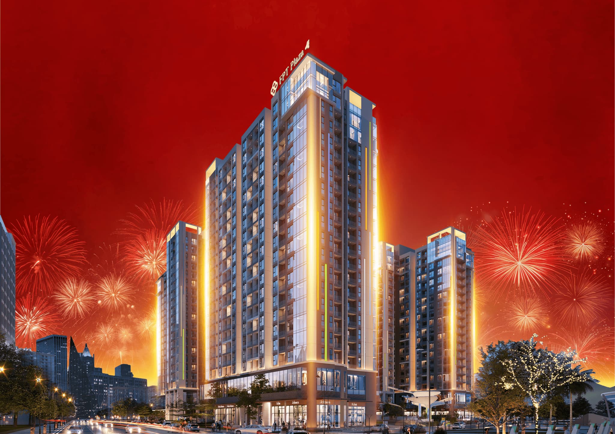 High-rise building illuminated with fireworks in the background, featuring modern architecture and festive atmosphere. 1