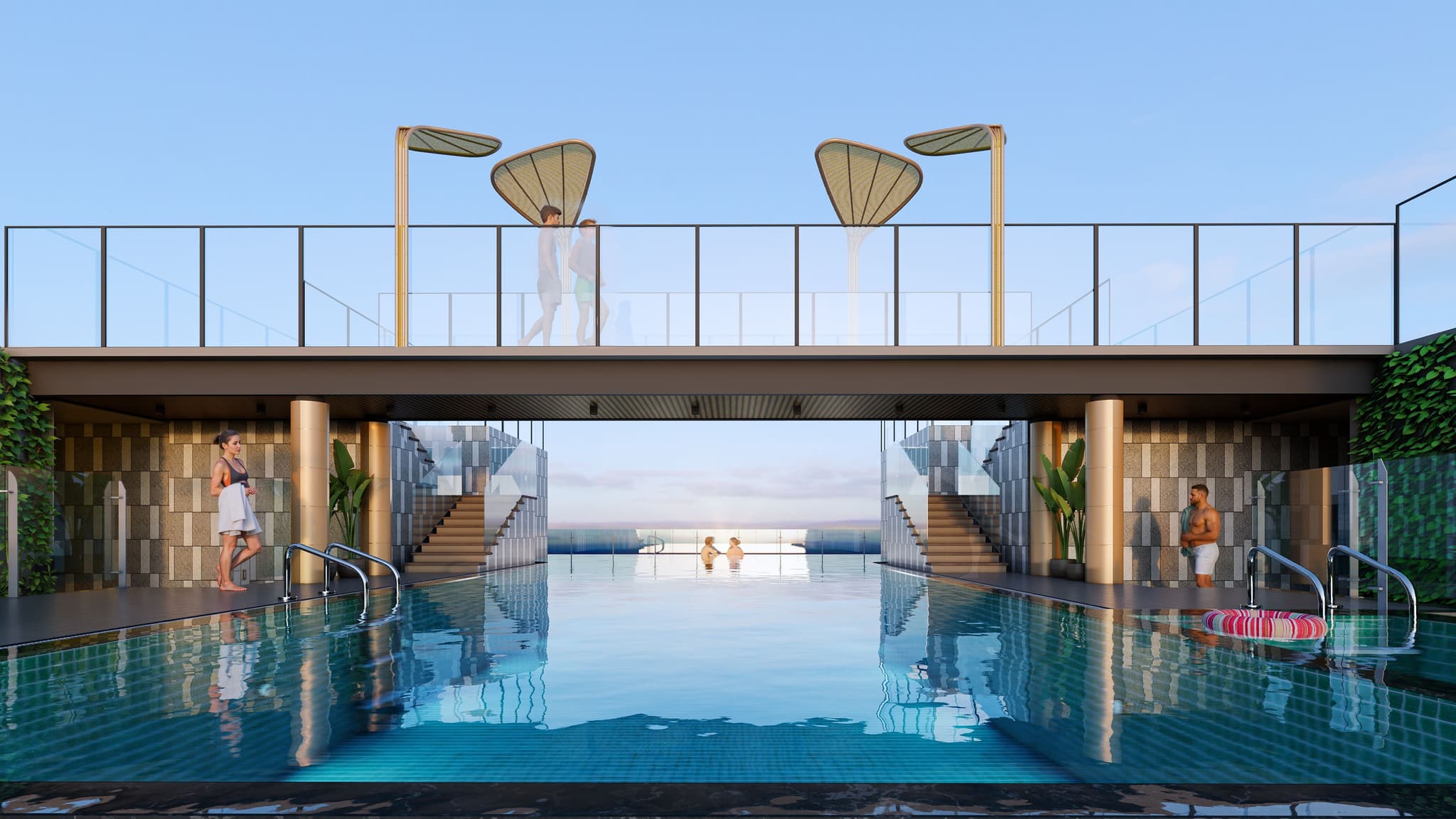 Rooftop swimming pool with modern design, featuring lounges, decorative greenery, and scenic views.